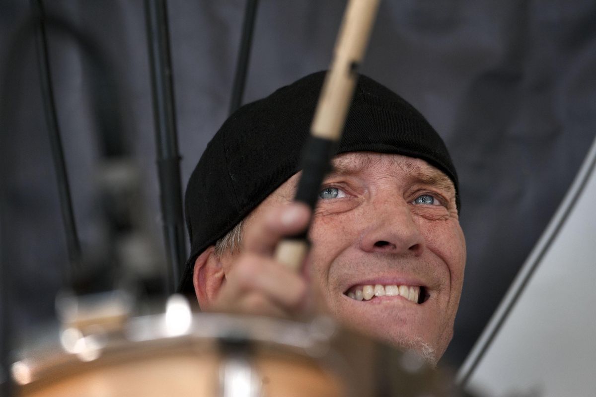 Stone Apple Band drummer Johnny Bittner plays during a private party at 4:20 Friendly  in Spokane on Wednesday, July 10, 2019. (Kathy Plonka / The Spokesman-Review)