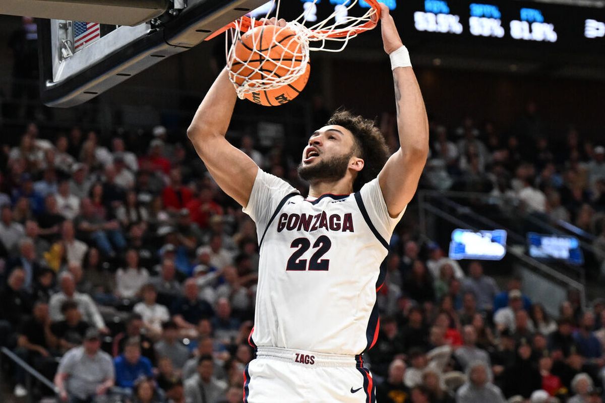 Gonzaga Bulldogs forward Anton Watson (22) dunks the ball against the McNeese State Cowboys during the second half of a first round NCAA basketball tournament game on Thursday, Mar 21, 2024, at the Delta Center in Salt Lake City, Utah. Gonzaga won the game 86-65.  (Tyler Tjomsland / The Spokesman-Review)