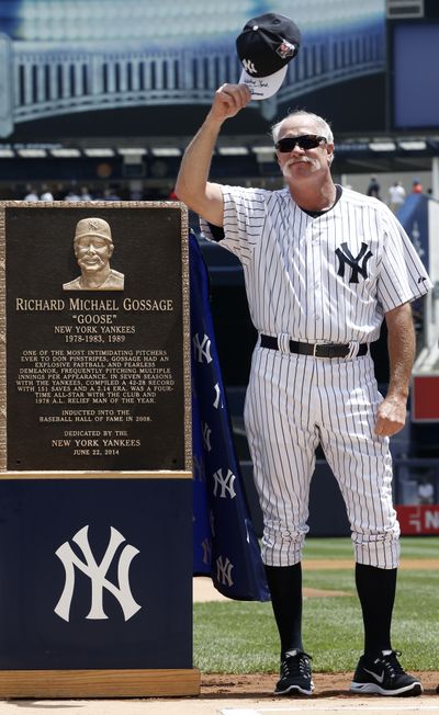 Rich “Goose” Gossage tips his cap after unveiling his plaque during a ceremony at Yankee Stadium. (Associated Press)