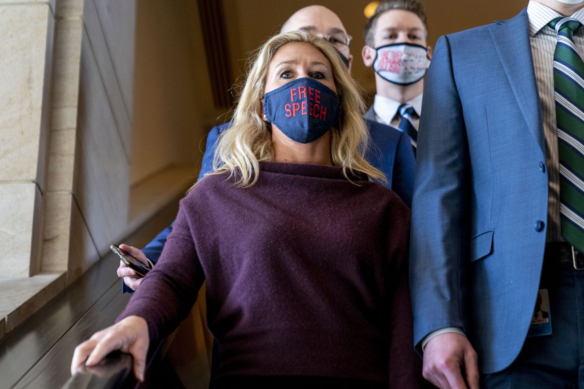 Rep. Marjorie Taylor Greene, R-Ga., goes back to her office after speaking on the floor of the House Chamber on Capitol Hill in Washington, Thursday, Feb. 4, 2021.  (Andrew Harnik)