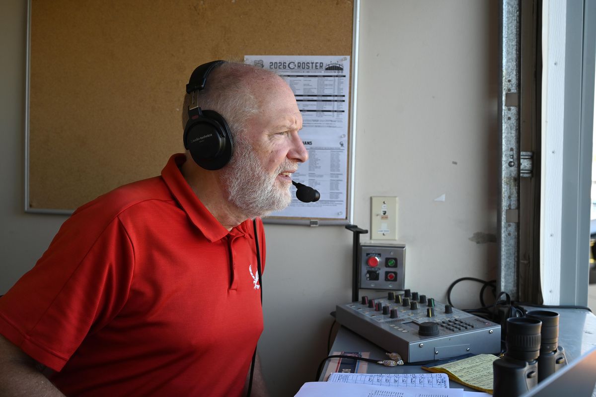 Veteran radio broadcaster Larry Weir calls a Spokane Indians game at Avista Stadium on June 18, 2026. Weir suffered a heart attack on May 18; this was his first game back. (James Snook)