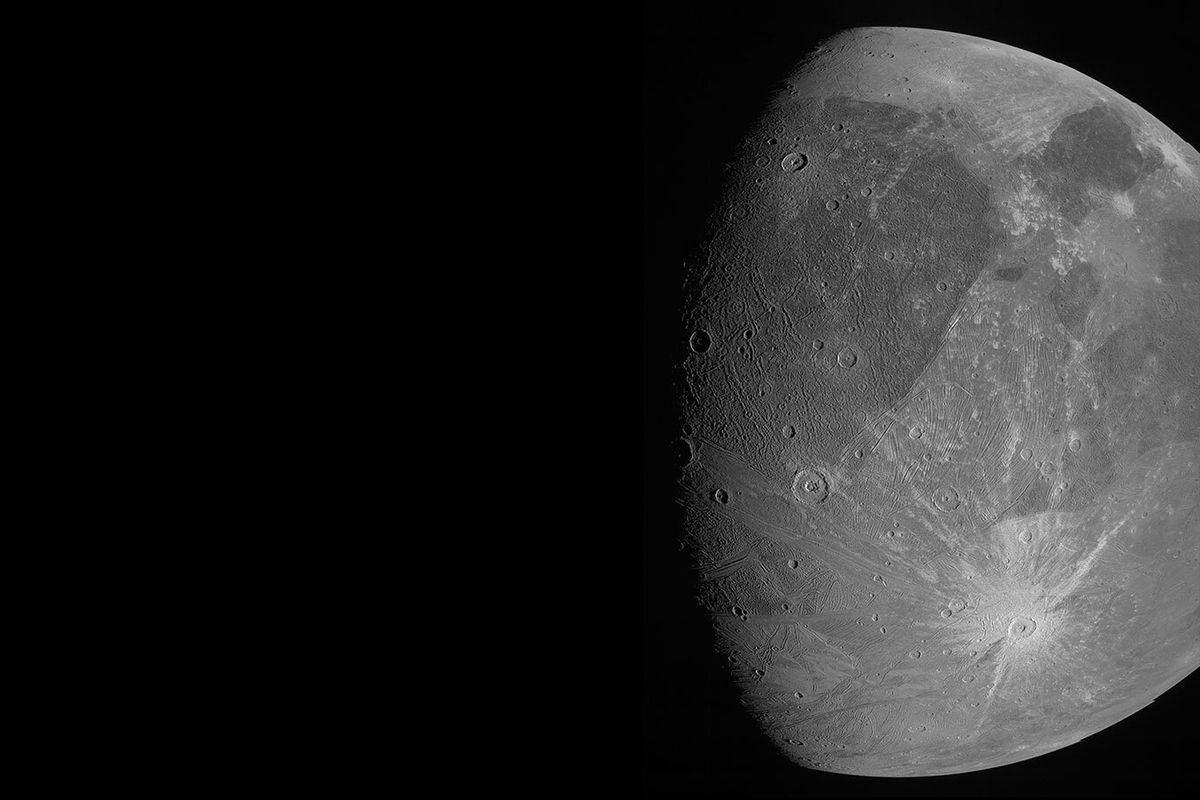 The Jovian moon Ganymede is visible in this NASA image taken as the Juno spacecraft flies by.  (HOGP)