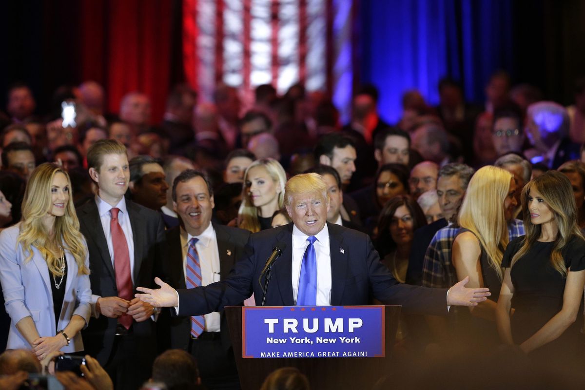 Republican presidential candidate Donald Trump speaks during a primary night news conference, Tuesday, April 26, 2016, in New York. (Julie Jacobson / Associated Press)