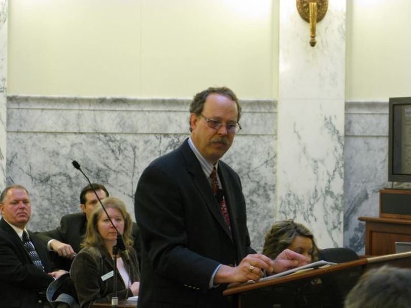 Jim Carlson is the new executive director of the Idaho Judicial Council, replacing Bob Hamlin, who retired after 29 years. Here, Carlson gives the council's annual report to the Legislature's joint budget committee. (Betsy Russell)