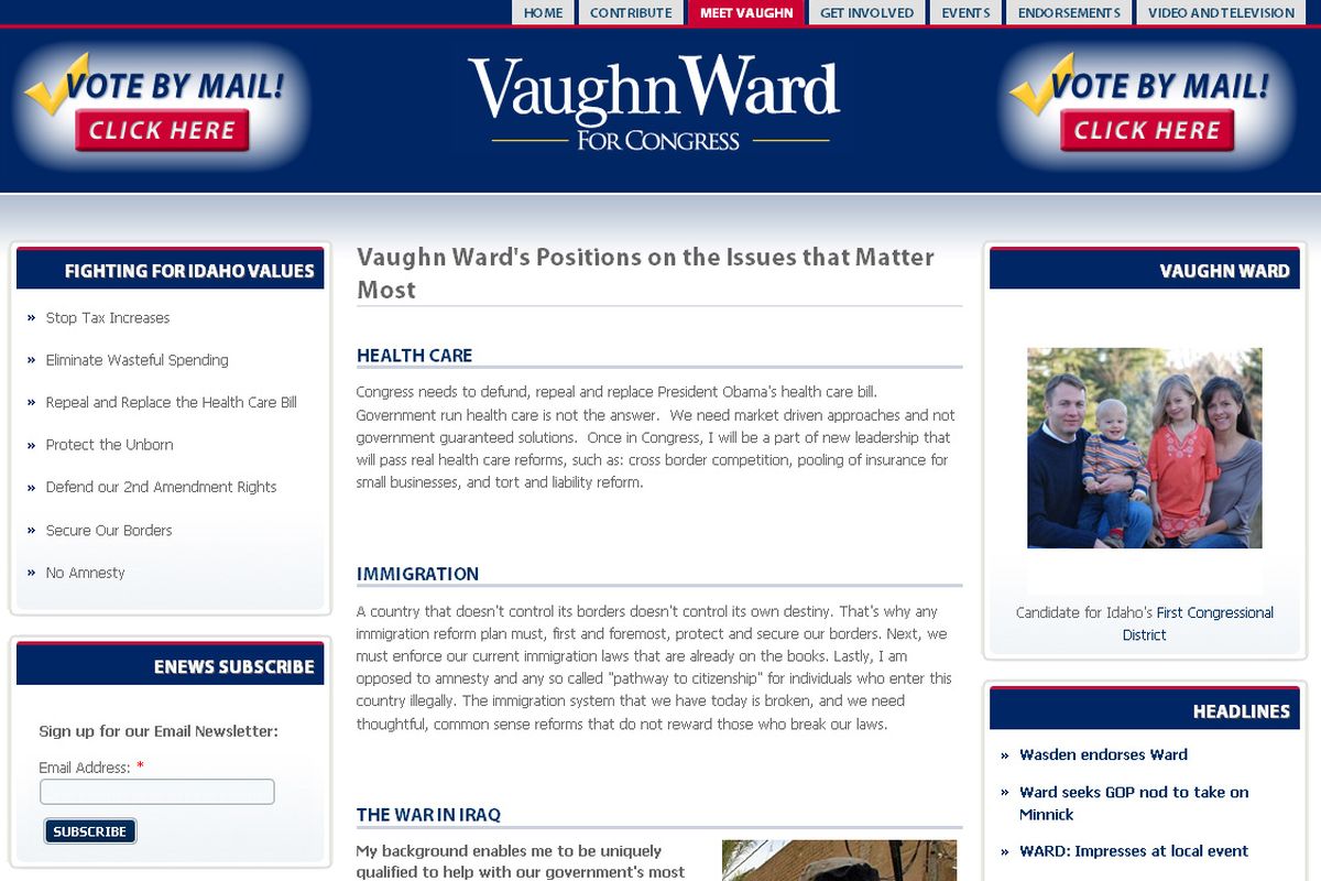 This screen grab showing issue statements on health care and immigration from Vaughn Ward
