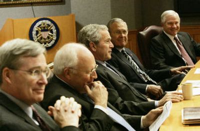
President Bush, center, sits with from left, Stephen Hadley, Vice President Dick Cheney, Donald Rumsfeld and Robert Gates before the start of their meeting at the Pentagon on Wednesday. 
 (Associated Press / The Spokesman-Review)