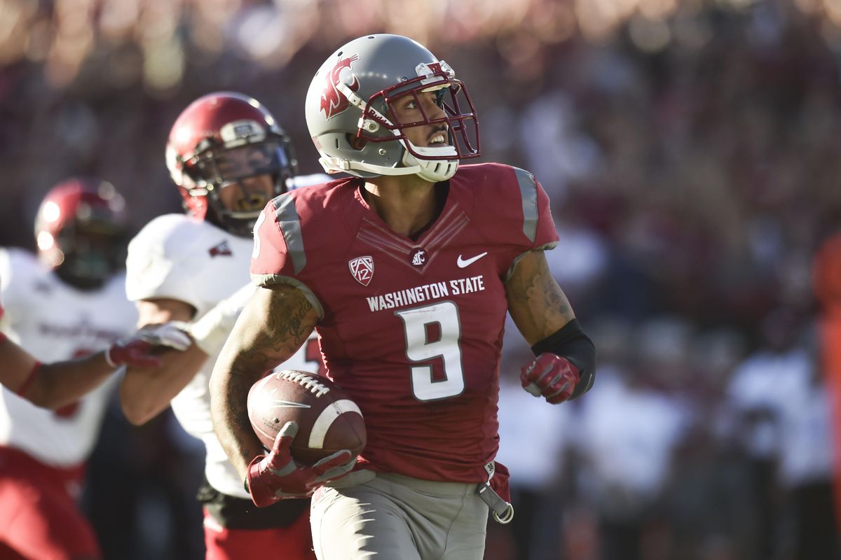 Washington State Cougars wide receiver Gabe Marks (9) runs the ball for a touchdown against EWU during a college football game on Saturday, Sep 3, 2016, at Martin Stadium in Pullman, Wash. (Tyler Tjomsland / The Spokesman-Review)