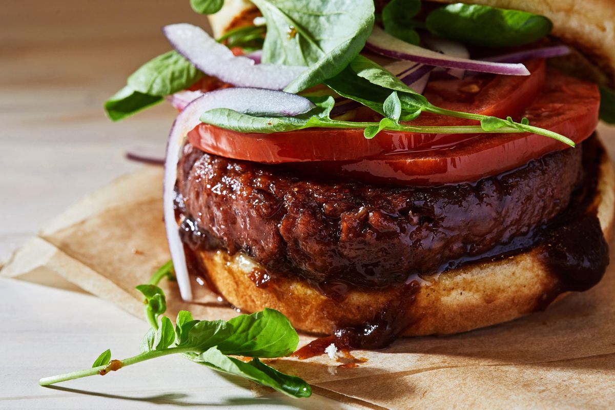 The Beyond Burger has “marbling” to emulate the fat in traditional burgers.  (Stacy Zarin Goldberg/For the Washington Post)