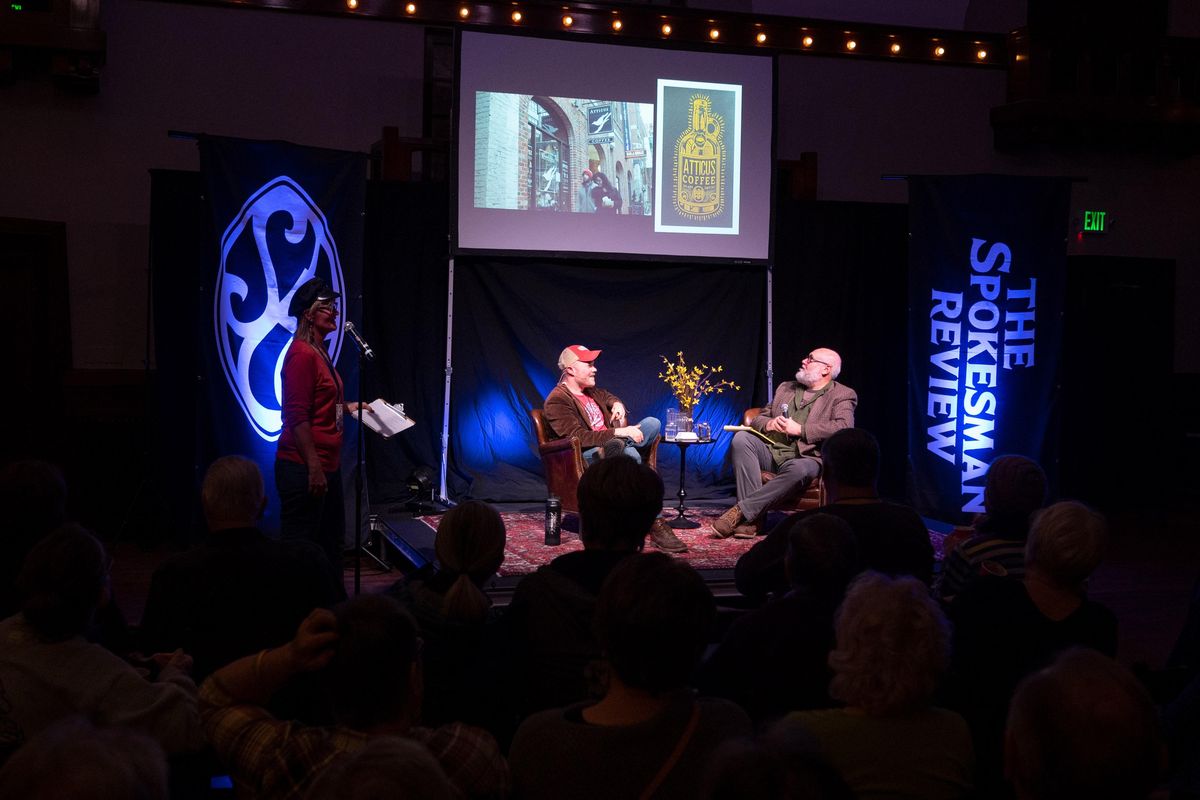 Local artist Chris Bovey has a conversation with Spokesman-Review columnist Shawn Vestal about his new book “Vintage Spokane - The Art of Chris Bovey,” during the Northwest Passages Book Club held, Tues., Nov. 12, 2019, at The Montvale Event Center. (Colin Mulvany / The Spokesman-Review)