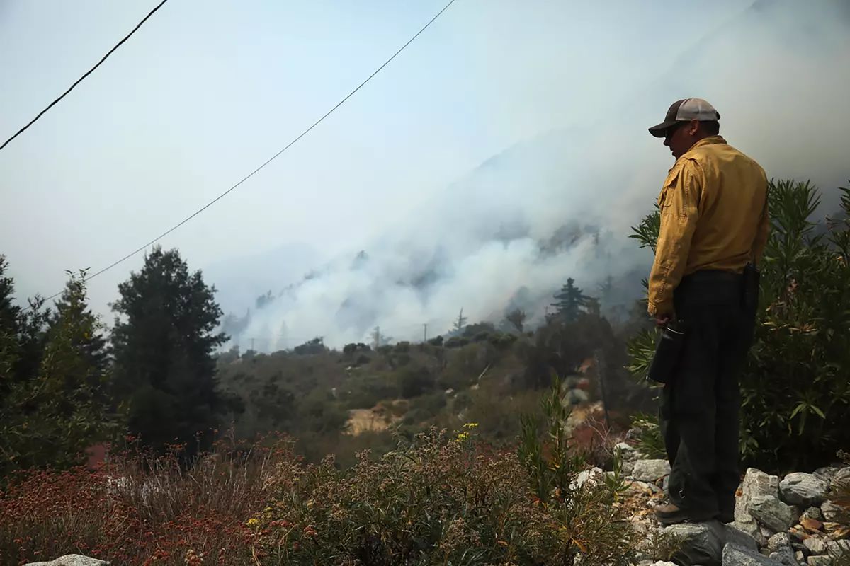 Robert Rice of the California Department of Forestry and Fire Protection keeps a watchful eye on remnants of the Bridge fire in Mt. Baldy on Sept. 12, 2024.   (Genaro Molina/Los Angeles Times/TNS)