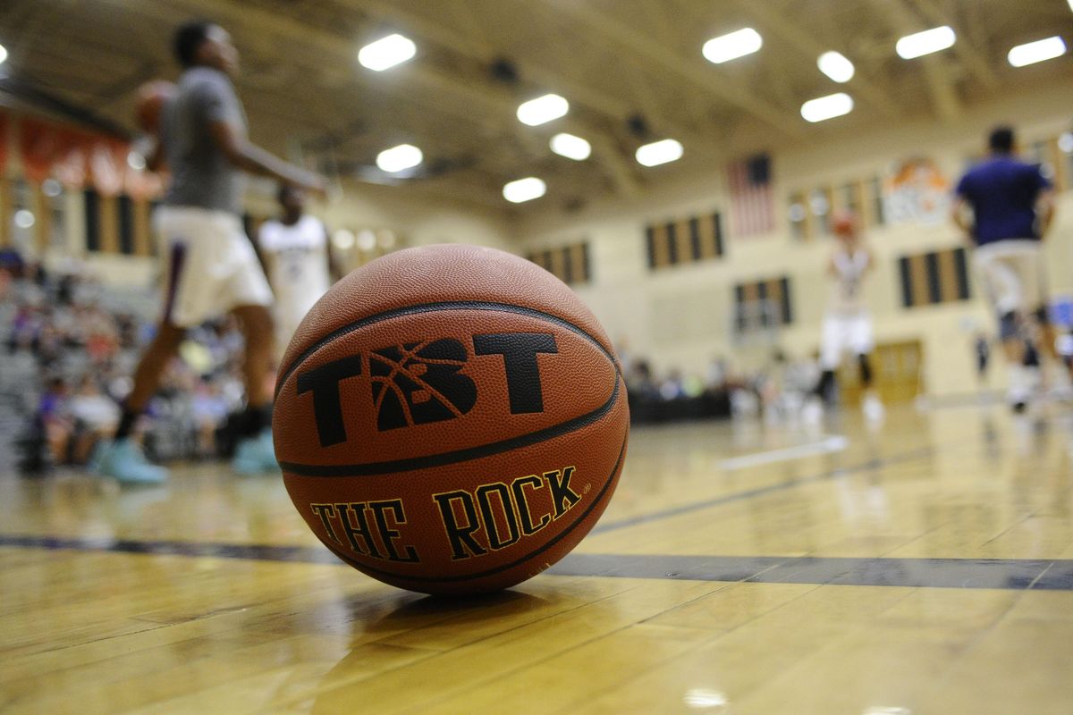 TBT basketball sits prior to the Few Good Men vs Gael Force game during a TBT Tournament game at Lewis and Clark on Saturday, June 30, 2018. (James Snook / For The Spokesman-Review)