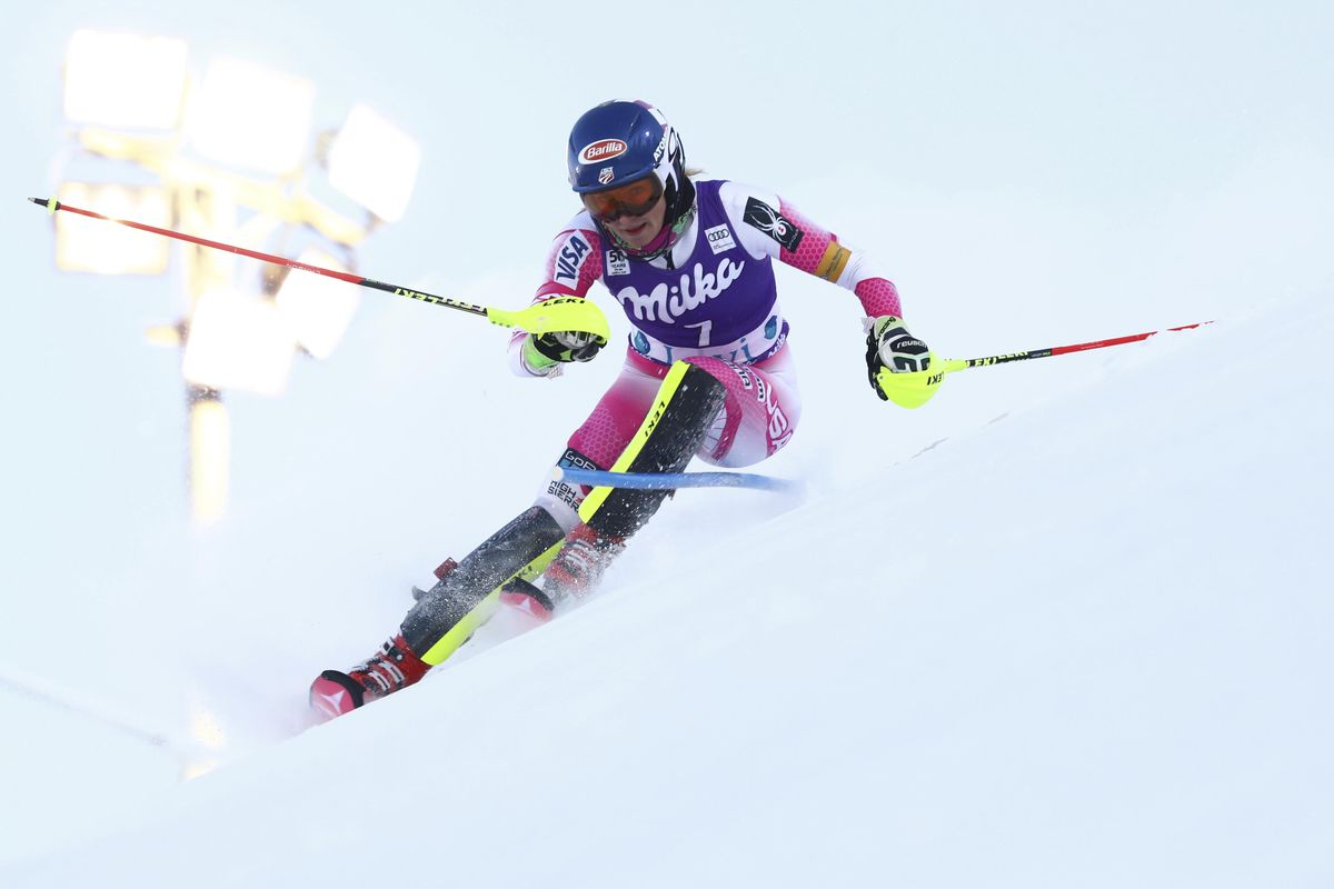Mikaela Shiffrin of the United States competes during the first run of an alpine skiing women’s World Cup slalom, in Levi, Finland, Saturday Nov. 12, 2016. (Alessandro Trovati / Associated Press)