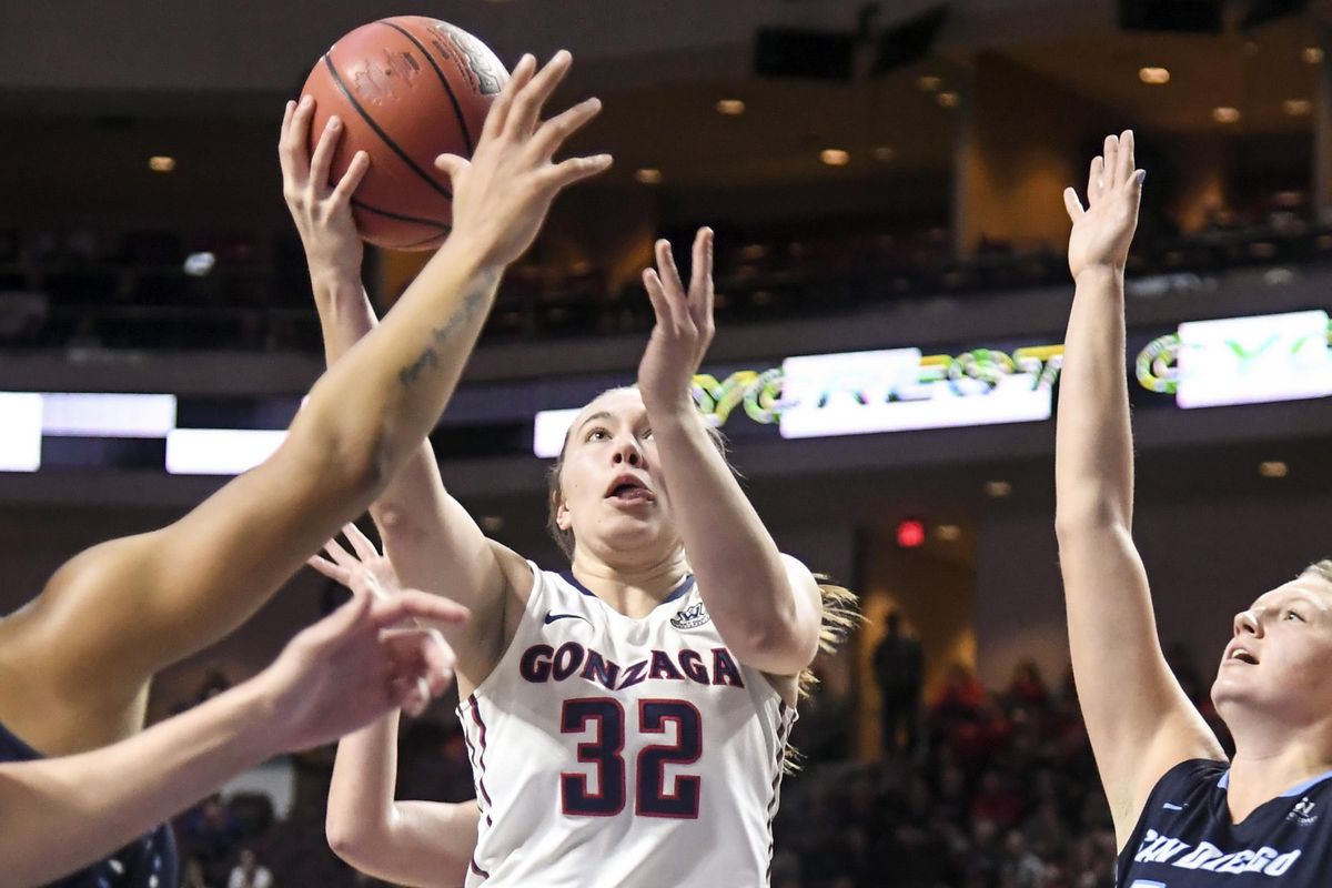 Gonzaga guard Jill Townsend finds space to shoot over San Diego forward Sydney Williams  on March 6  at the Orleans Arena in Las Vegas. (Dan Pelle / The Spokesman-Review)