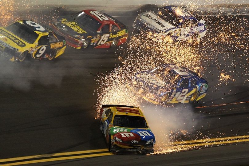 Kyle Busch, driver of the #18 M&M's Brown Toyota, crashes during the NASCAR Budweiser Shootout at Daytona International Speedway on February 18, 2012 in Daytona Beach, Florida. (Photo by Matthew Stockman/Getty Images) (Matthew Stockman / Getty Images North America)