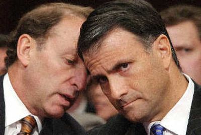 
Jack Abramoff, right, listens to his attorney Abbe Lowell on Capitol Hill in this 2004 file photo, as Abramoff refused to answer questions before the Senate Indian Affairs Committee.
 (File/Associated Press / The Spokesman-Review)
