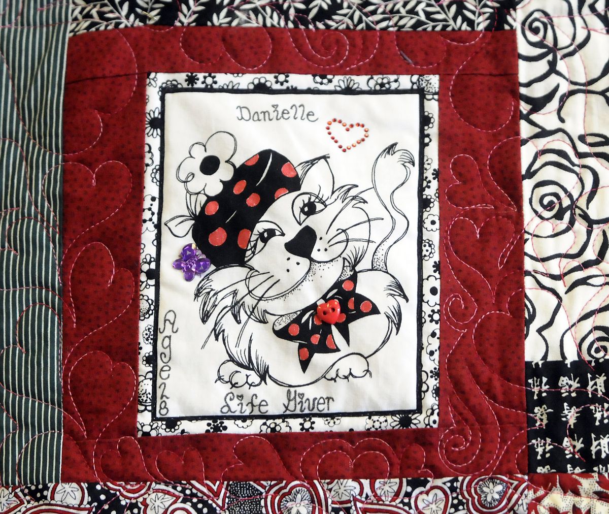 This square memorializes heart donor Danielle Martinez as the “life giver” for heart transplant patient Cindy Scinto of Spokane. The quilt will be on display  Sunday at a  health fair at Mt. Spokane Church.  (Jesse Tinsley / The Spokesman-Review)