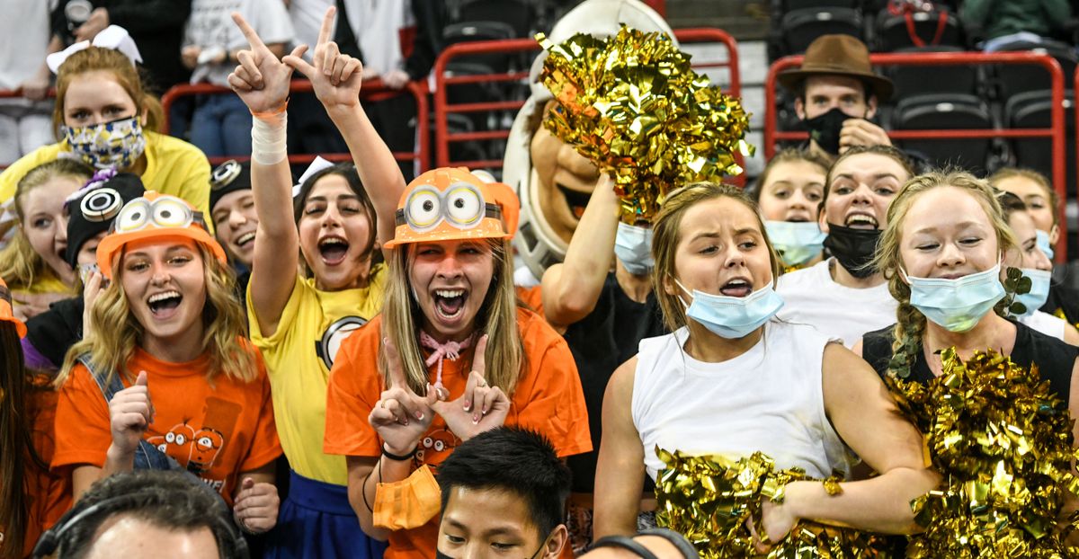 West Valley and East Valley student gather for some cheering, Wednesday, Feb. 9, 2022 during the Golden Throne Spirit Game in the Spokane arena.  (Dan Pelle/THE SPOKESMAN-REVIEW)