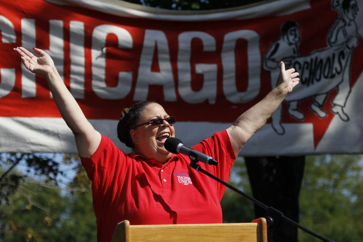 Karen Lewis, president of the Chicago Teachers Union addresses  the crowd during a rally Saturday, Sept. 15, 2012, in Chicago. Lewis reminded that although there is a "framework" for an end to their strike, they are still are on strike. (Charles Arbogast / Associated Press)