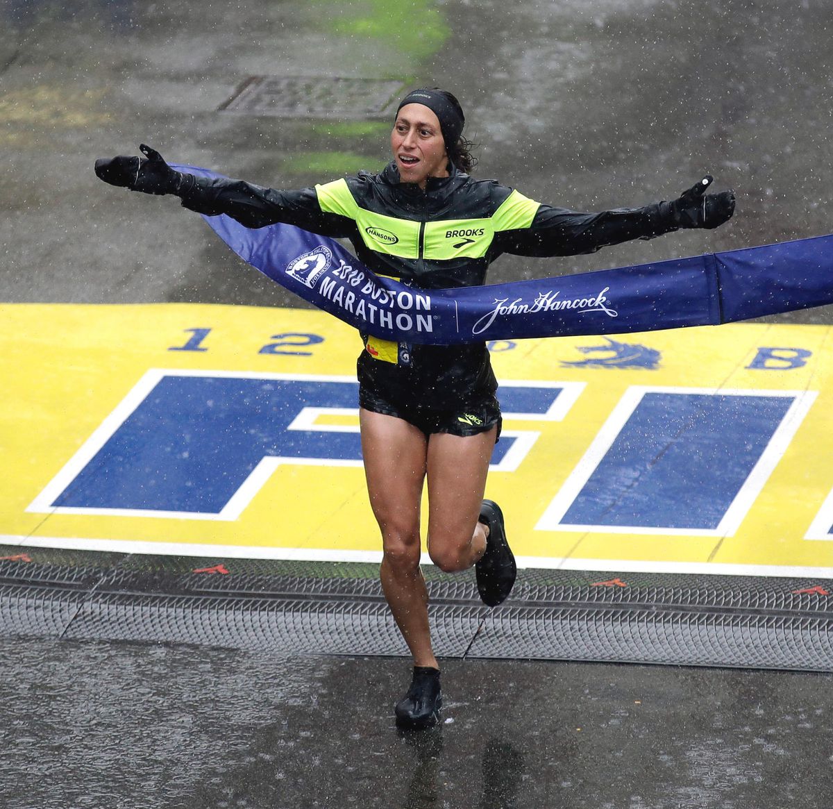 Desiree Linden, of Washington, Mich., wins the women’s division of the 122nd Boston Marathon on Monday, April 16, 2018, in Boston. She is the first American woman to win the race since 1985. (Charles Krupa / Associated Press)