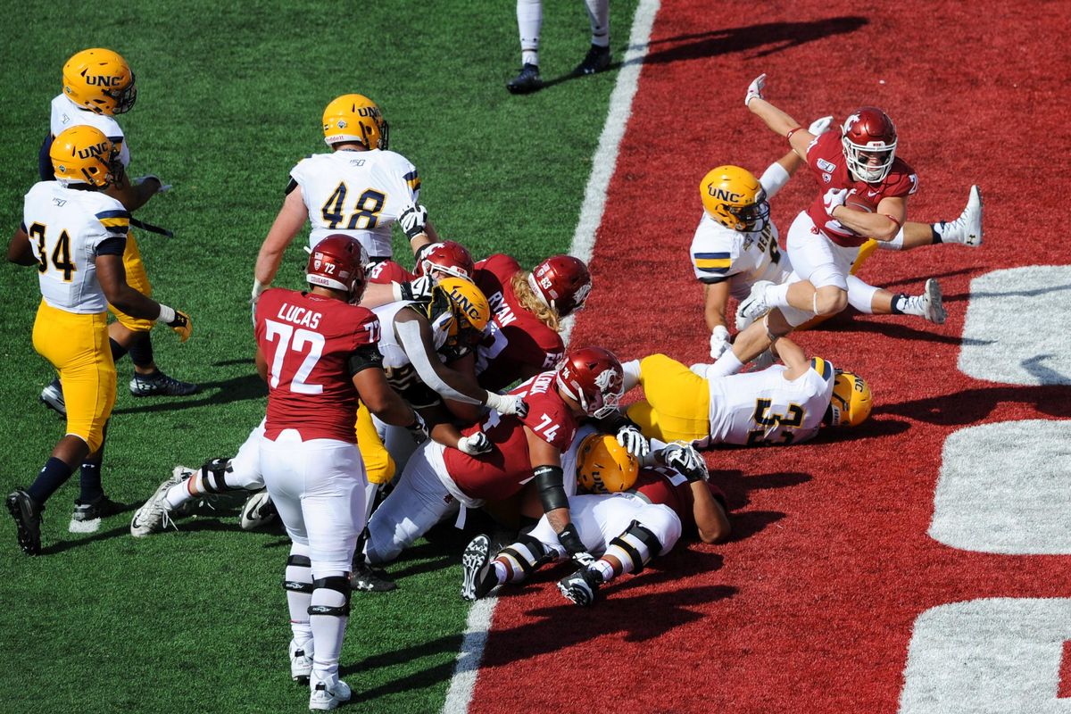 Washington State Cougars running back Max Borghi (21) runs the ball into the end zone for a touchdown during the first half of a college football game on Saturday, September 7, 2019, at Martin Stadium in Pullman, Wash. (Tyler Tjomsland / The Spokesman-Review)