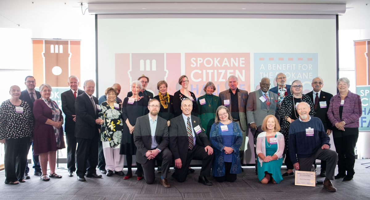 A group of inductees into the Spokane Citizen Hall of Fame poses for a photo after the ceremony Wednesday, May 1, 2019 at the library’s downtown branch.  Jesse Tinsley/THE SPOKESMAN-REVIEW (Jesse Tinsley / The Spokesman-Review)