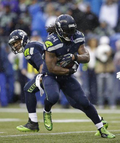 Seattle’s Marshawn Lynch ran for 140 of team-record 350 yards in win over Giants last Sunday. (Associated Press)