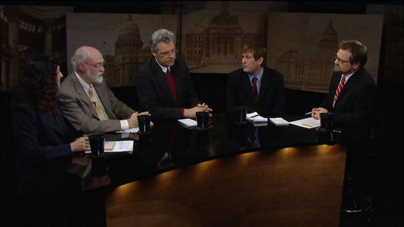 From left, Betsy Russell, Jim Weatherby, Kevin Richert, Clark Corbin and host Greg Hahn discuss the legislative events of the week on Friday's 