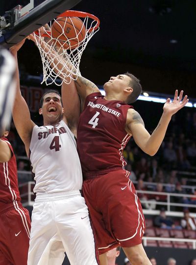 Stanford center Stefan Nastic (4) dunks against Washington State center Jordan Railey (4) during the second half of an NCAA college basketball game on Friday in Stanford, Calif.  Stanford won 71-56. (Associated Press)
