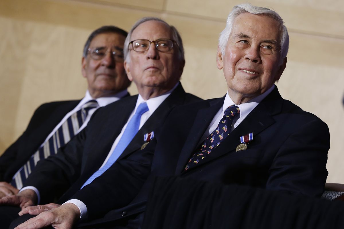 Sen. Dick Lugar, R-Ind., right, former Sen. Sam Nunn, D-Ga., center, and Defense Secretary Leon Panetta, left, listen as President Barack Obama, not pictured, speaks at  the Nunn-Lugar Cooperative Threat Reduction (CTR) symposium being held at the National Defense University at Fort McNair in Washington, Monday, Dec. 3, 2012. (Charles Dharapak / Associated Press)