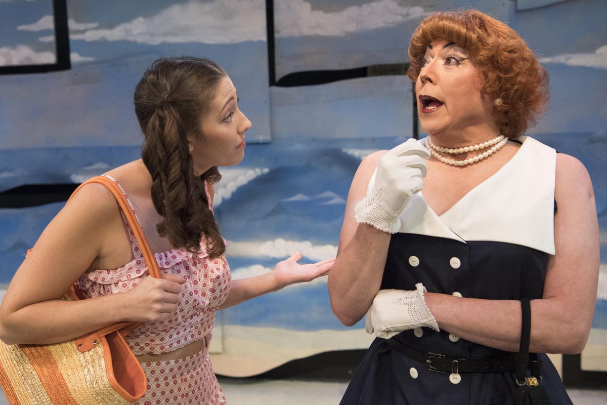 Rushele Herrmann, left, as Chicklet, and Jason Johnson, right, as Mrs. Forrest, are in the cast of Psycho Beach Party being staged at the Firth J. Chew Studio Theater at the Civic in Spokane. The show opens Friday, Oct. 13, 2017. (Jesse Tinsley / The Spokesman-Review)