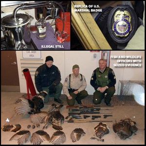 State and federal officers pose with evidence in turkey poaching case that blossomed into a bigger case in Okanogan County. (Washington Fish and Wildlife Department)