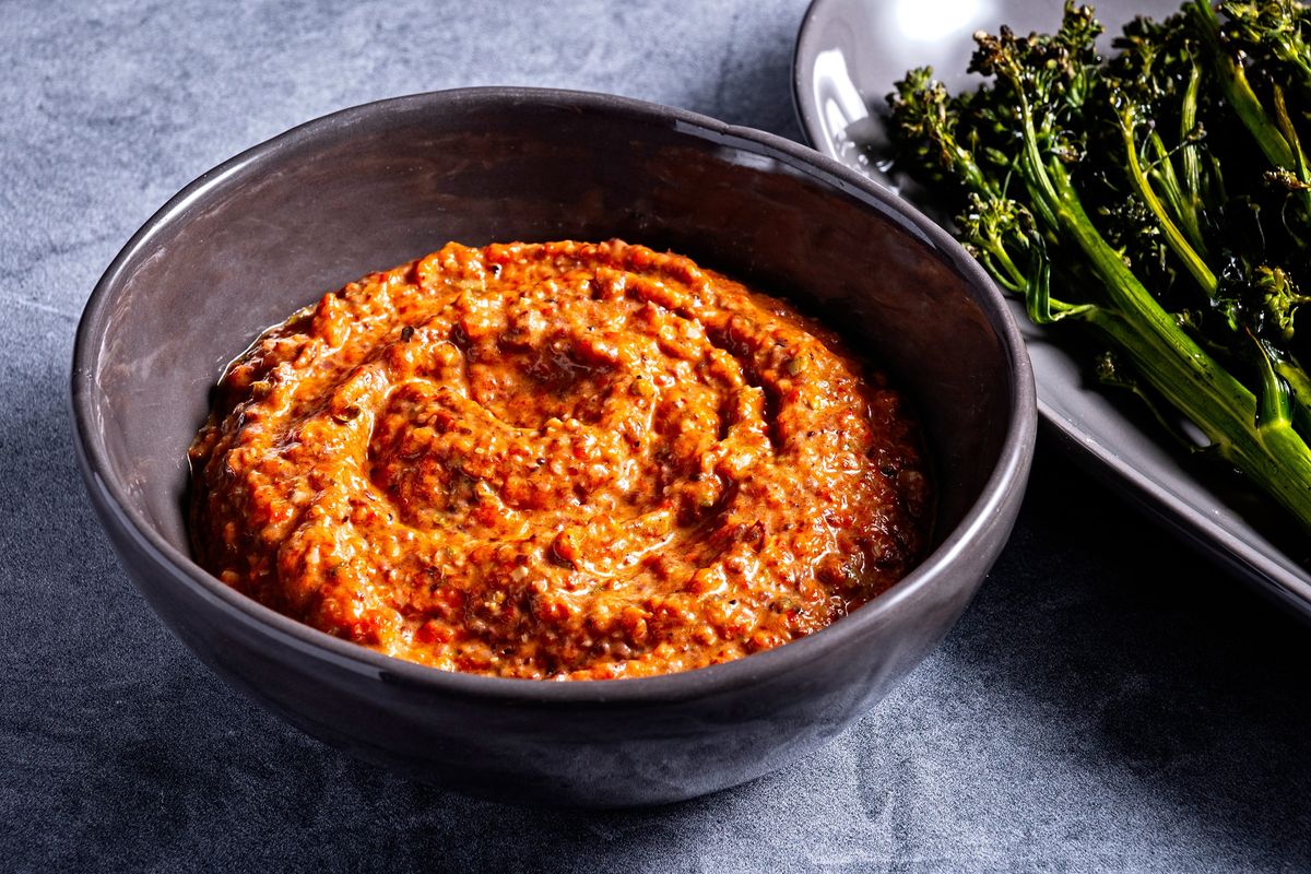 The puree of roasted red bell peppers is made boldly flavorful with roasted garlic, olives and capers – and just enough hot pepper to give it a tingly warmth.  (Scott Suchman/For the Washington Post)