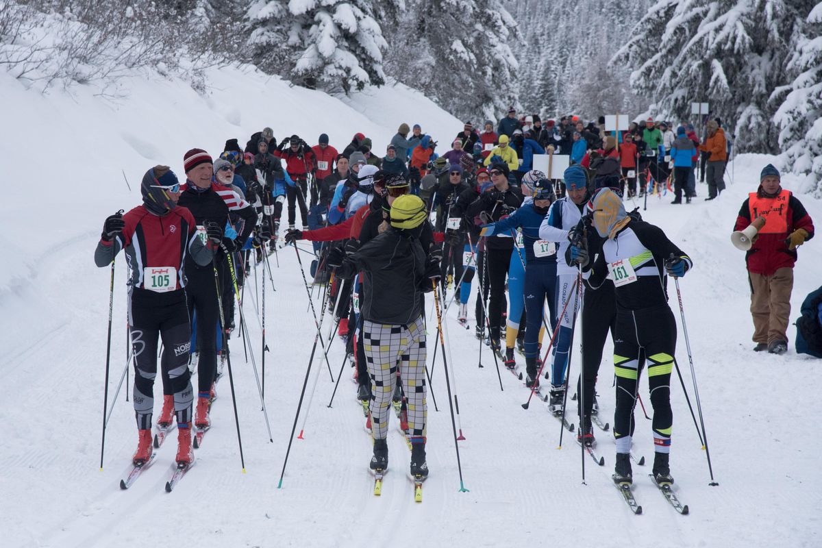 Competitors line up before the start of the 39th Spokane Langlauf cross-country ski race, Sunday Feb. 10, 2019. ELI FRANCOVICH/THE SPOKESMAN-REVIEW. (Eli Francovich / The Spokesman-Review)