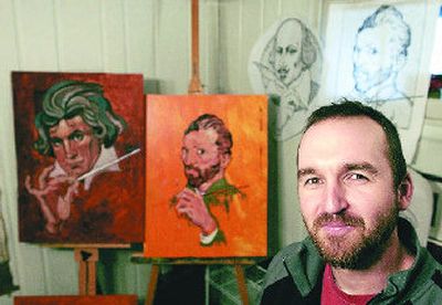 Casey Lynch is surrounded by his paintings of great thinkers Beethoven and van Gogh, and pencil sketches of Shakespeare and van Gogh, in his Spokane Valley studio. (J. BART RAYNIAK / The Spokesman-Review)