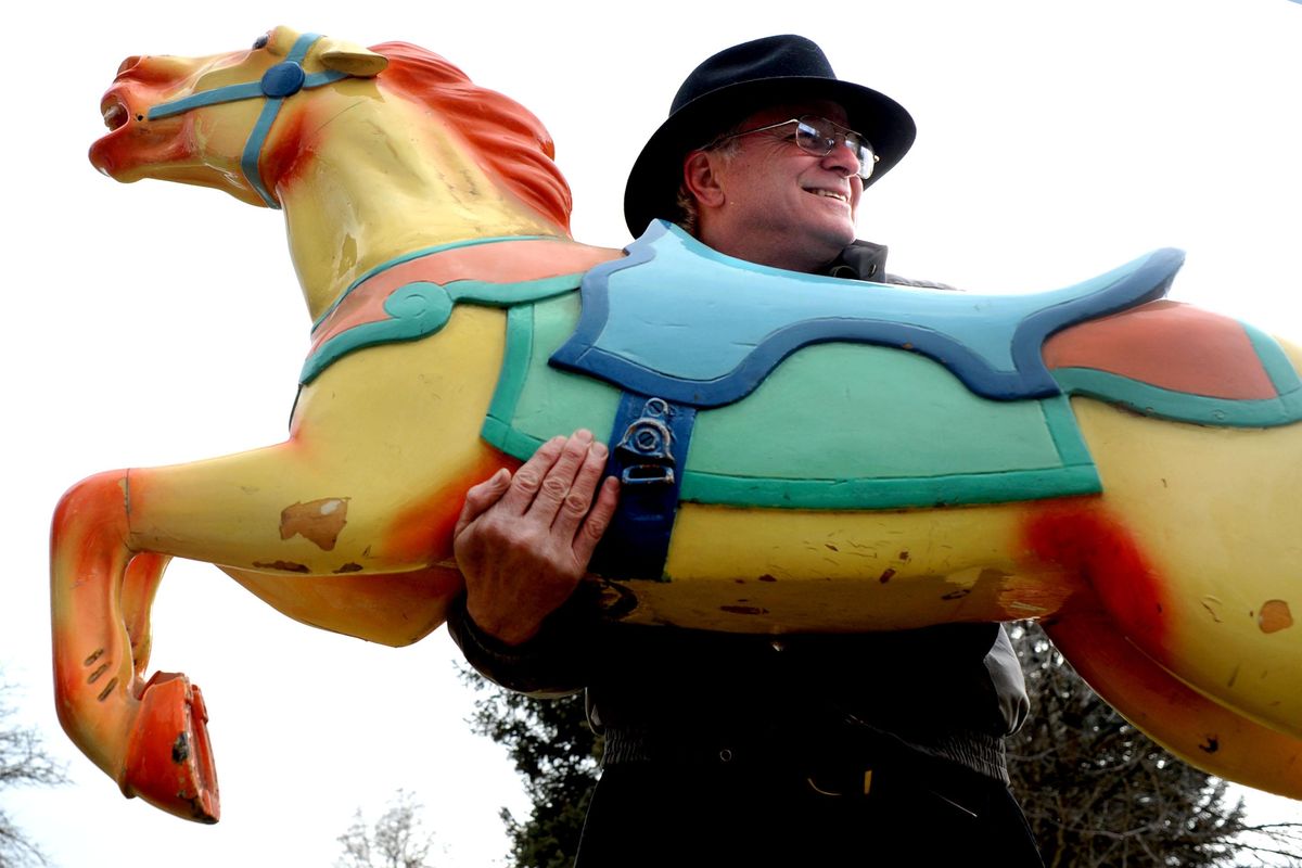 A horse from the former Playland Pier carousel in Coeur d’Alene is shown by Richard Le Francis, former president of the Coeur d’Alene Carousel Foundation, in this March 7, 2011, photo. (Kathy Plonka / The Spokesman-Review)