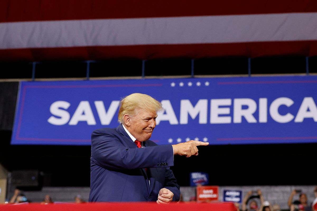 Former President Donald Trump points to supporters during the Save America rally at the Mohegan Sun Arena at Casey Plaza in Wilkes-Barre, Pennsylvania, on Saturday, Sept. 3, 2022.    (Yong Kim/The Philadelphia Inquirer/TNS)