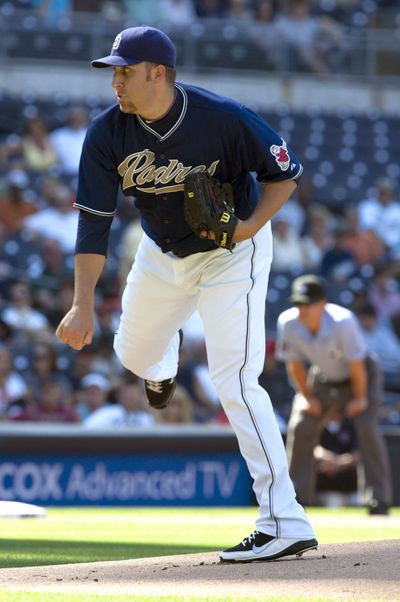 Padres’ Aaron Harang threw 8 shut-out innings in win. (Associated Press)