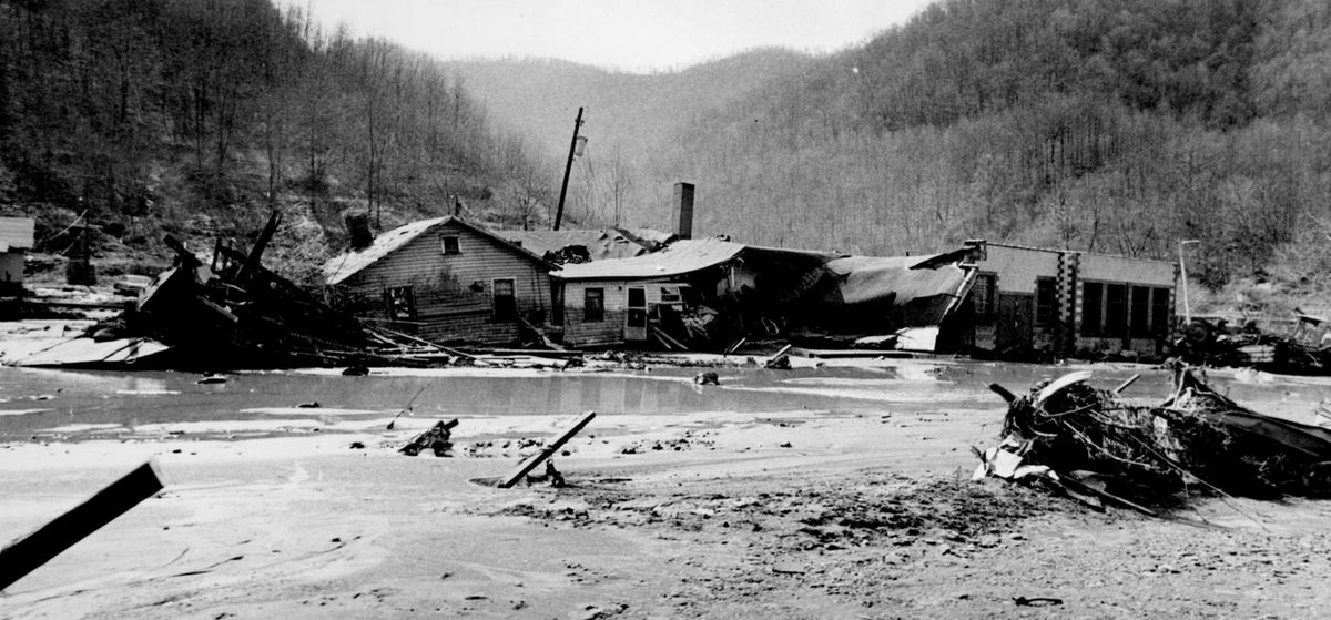 Destroyed homes and businesses are piled up against each other in the Dingess Hollow area of Lorado, W.Va., after the Buffalo Creek Dam broke on Feb. 26, 1972. (Lee Bernard)