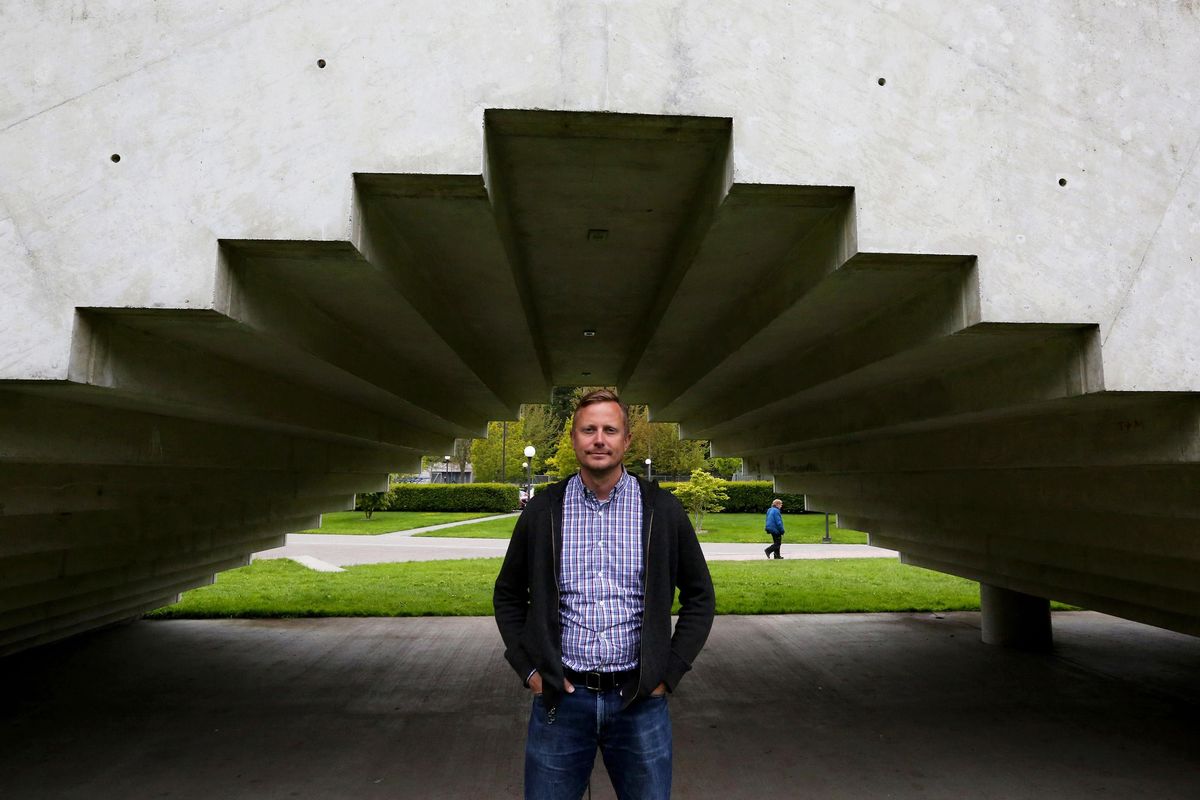 Western Washington University Professor Jeff Carroll, who has Huntington’s disease, hopes to prolong lives, including his own. He can see this sculpture, Bruce Nauman’s Stadium Piece from the building he works in at the campus in Bellingham. (Alan Berner / Alan Berner photos/Seattle Times)