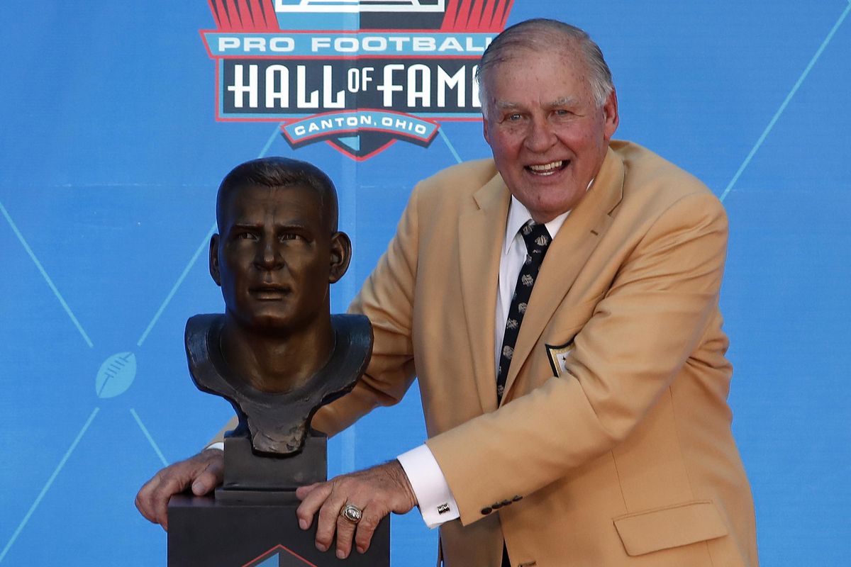 Former NFL player Jerry Kramer poses with a bust of himself during inductions at the Pro Football Hall of Fame,  Aug. 4  in Canton, Ohio. (Gene J. Puskar / AP)