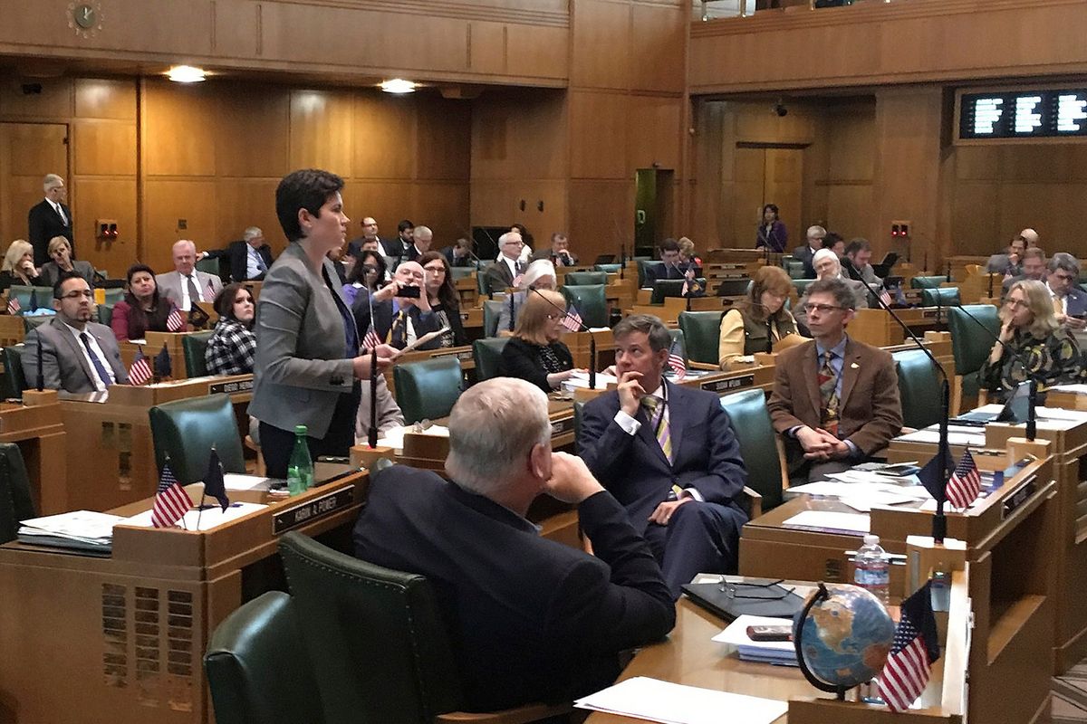 FILE - In this April 4, 2017 photo, freshman state Rep. Karin Power, D-Milwaukie speaks on the House floor in Salem, Ore. In efforts to raise the salaries of lawmakers, advocates in several states say there needs to be better pay to help improve diversity in statehouse ranks, in terms of race and ethnicity and economic background. Legislative proposals are pending in places including Connecticut and Oregon, states where lawmakers have recently announced they are not seeking re-election to part-time legislatures because they can no longer afford to serve.  (Andrew Selsky)