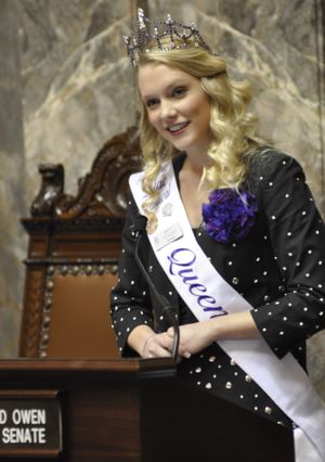 OLYMPIA -- Spokane Lilac Queen Brett Rountree addresses the state Senate after it approved a resolution marking the 75th anniversary of the festival. (Jim Camden)