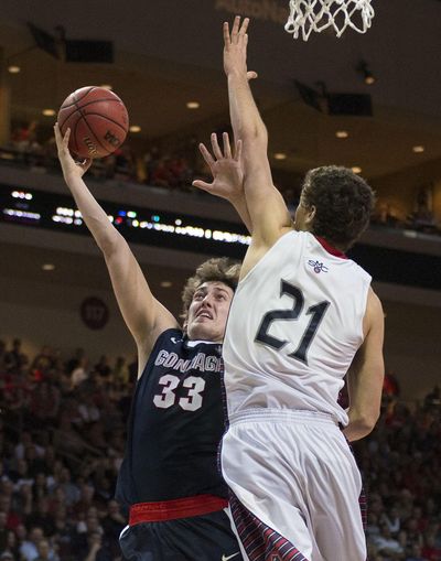 Gonzaga forward Kyle Wiltjer, left, impressed NBA teams with his vertical jump at a combine in Chicago. (Colin Mulvany / The Spokesman-Review)