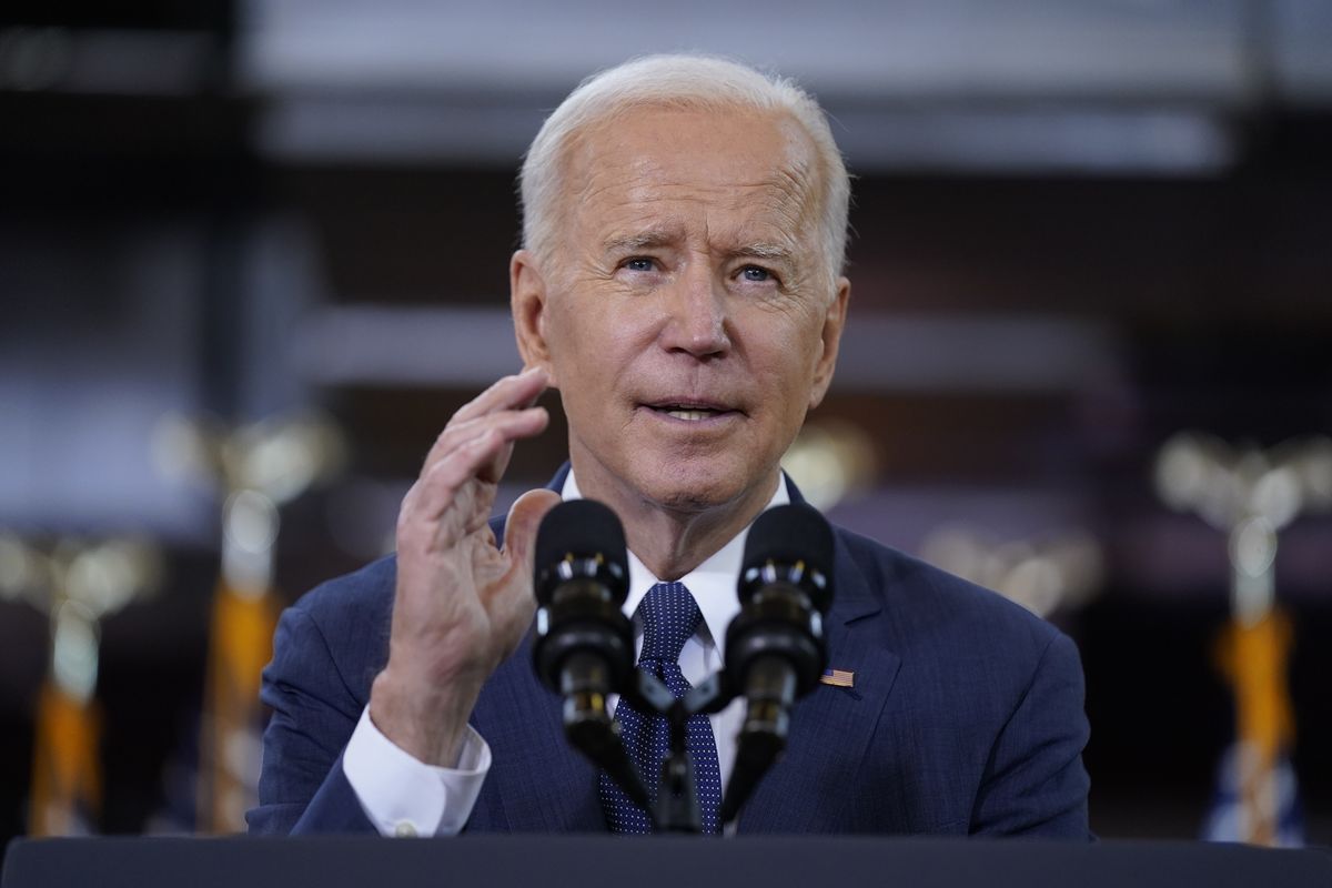 In this March 31, 2021 photo, President Joe Biden delivers a speech on infrastructure spending at Carpenters Pittsburgh Training Center in Pittsburgh.  (Evan Vucci)
