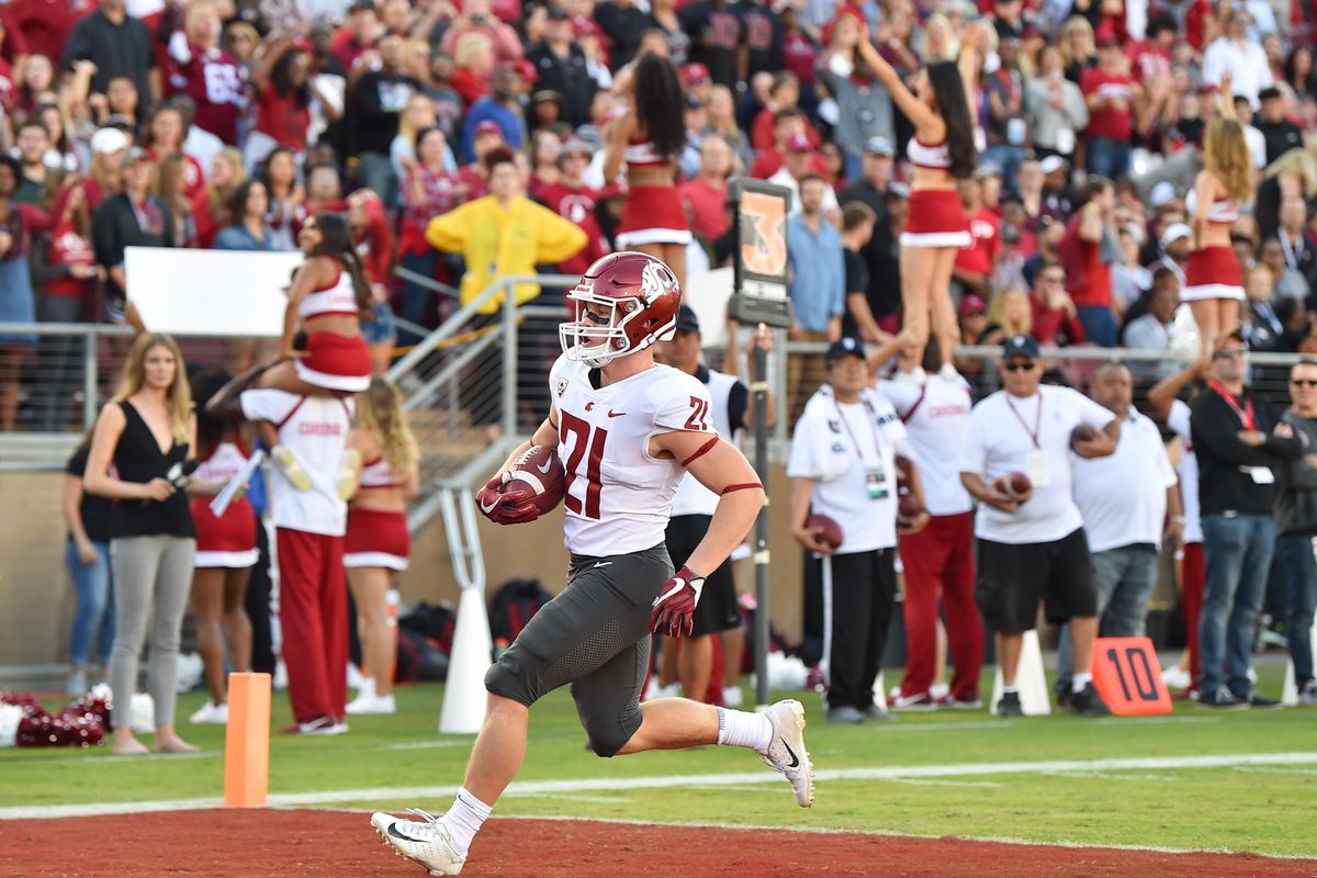 Washington State Cougars running back Max Borghi (21) runs the ball in for a touchdown against Stanford during the first half of a college football game on Saturday, October 27, 2018, at Stanford Stadium in Stanford, Calif. (Tyler Tjomsland / The Spokesman-Review)