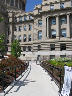 Sloping, curving walkways, including this one, will have to be torn out and replaced as part of $400,000 in modifications to bring Idaho's newly renovated state capitol into compliance with the Americans with Disabilities Act. (Betsy Z. Russell)