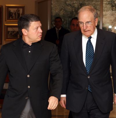 Jordan’s King Abdullah II, left, meets U.S. Middle East envoy George Mitchell at the royal palace in Amman, Jordan, on Saturday.  (Associated Press / The Spokesman-Review)