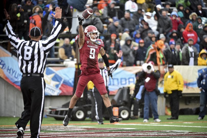 Washington State receiver Gabe Marks (9) reacts after hauling in a touchdown pass against Miami during the Hyundai Sun Bowl on Saturday, Dec 26, 2015, at Sun Bowl Stadium in El Paso, TX. (Tyler Tjomsland / The Spokesman-Review)