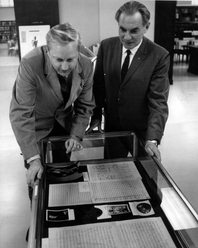 Former Spokane Symphony conductor Donald Thulean, left, confers with renowned musicologist Dr. Hans Moldenhauer in 1969. The Spokesman-Review archive (File  archive / The Spokesman-Review)