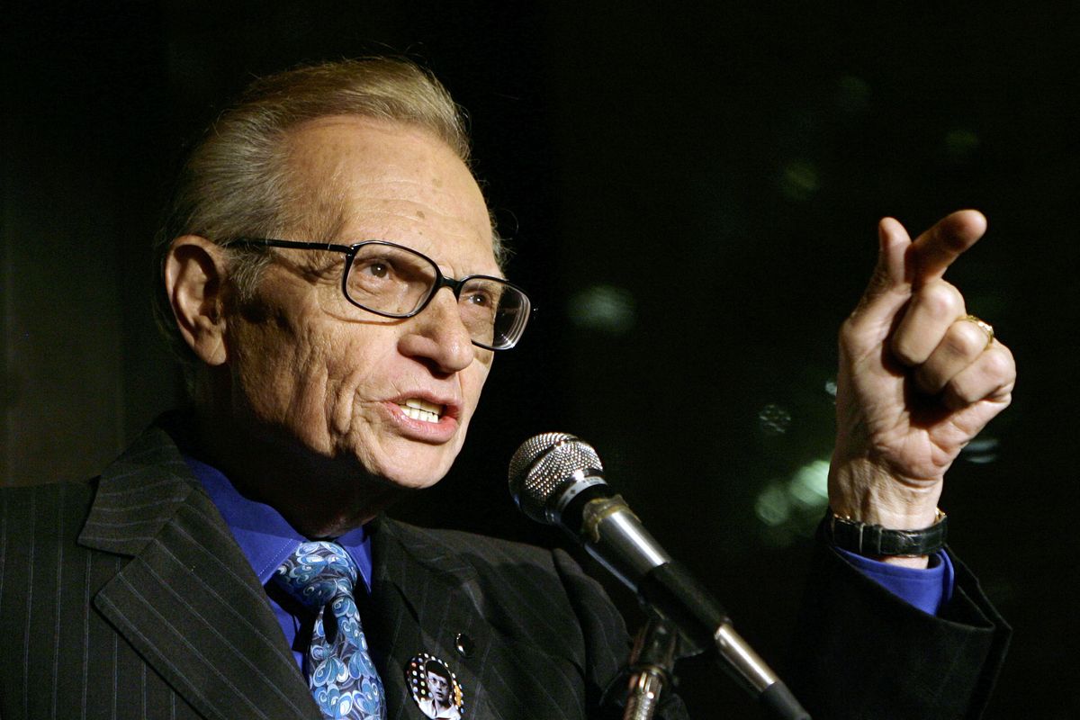 In this April 18, 2007 photo, Larry King speaks to guests at a party held by CNN, celebrating King's fifty years of broadcasting in New York. King, who interviewed presidents, movie stars and ordinary Joes during a half-century in broadcasting, has died at age 87. Ora Media, the studio and network he co-founded, tweeted that King died Saturday, Jan. 23, 2021 morning at Cedars-Sinai Medical Center in Los Angeles.  (Stuart Ramson)